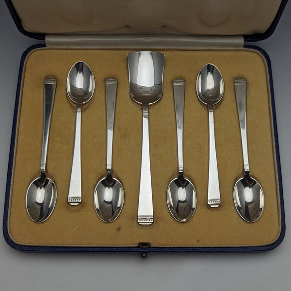 1937年 英国ヴィンテージ 純銀(925シルバー) ティースプーン6本&シュガーショベルセット ケース入り Mappin & Webb